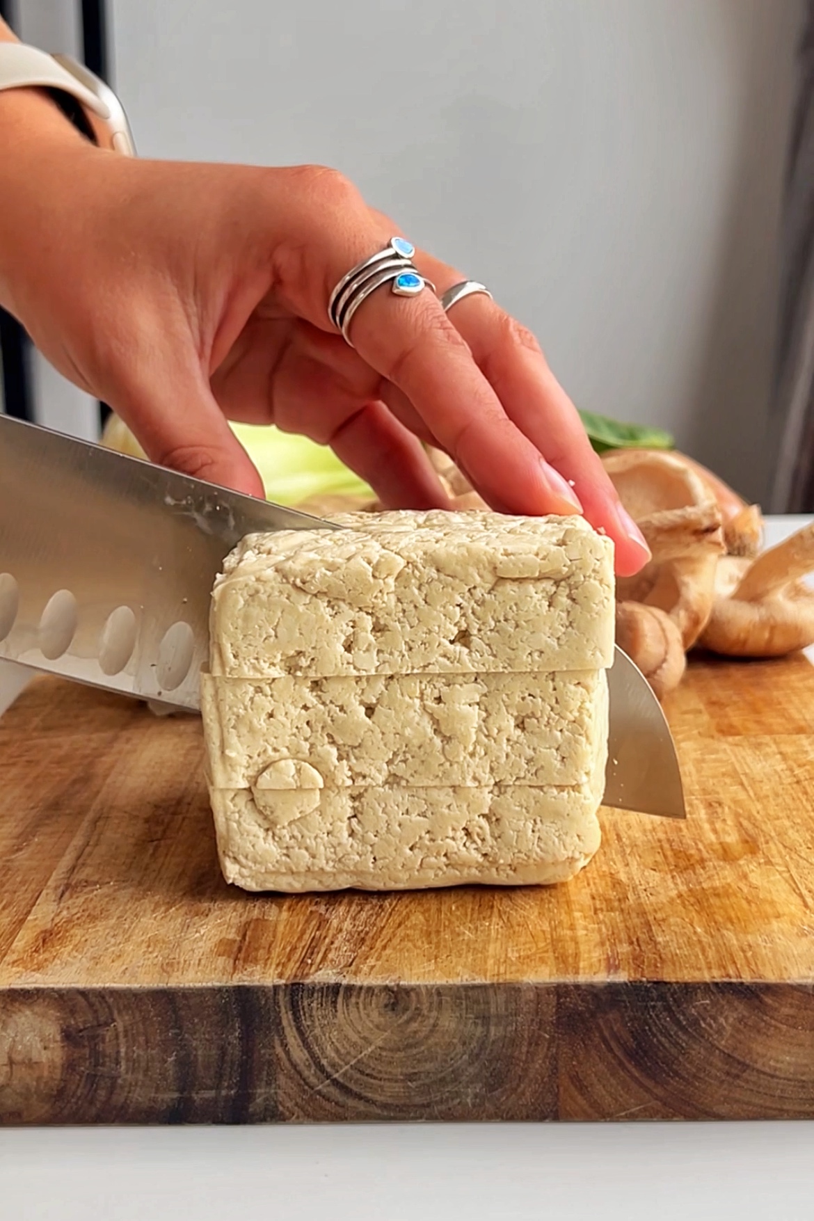 Slicing tofu. 