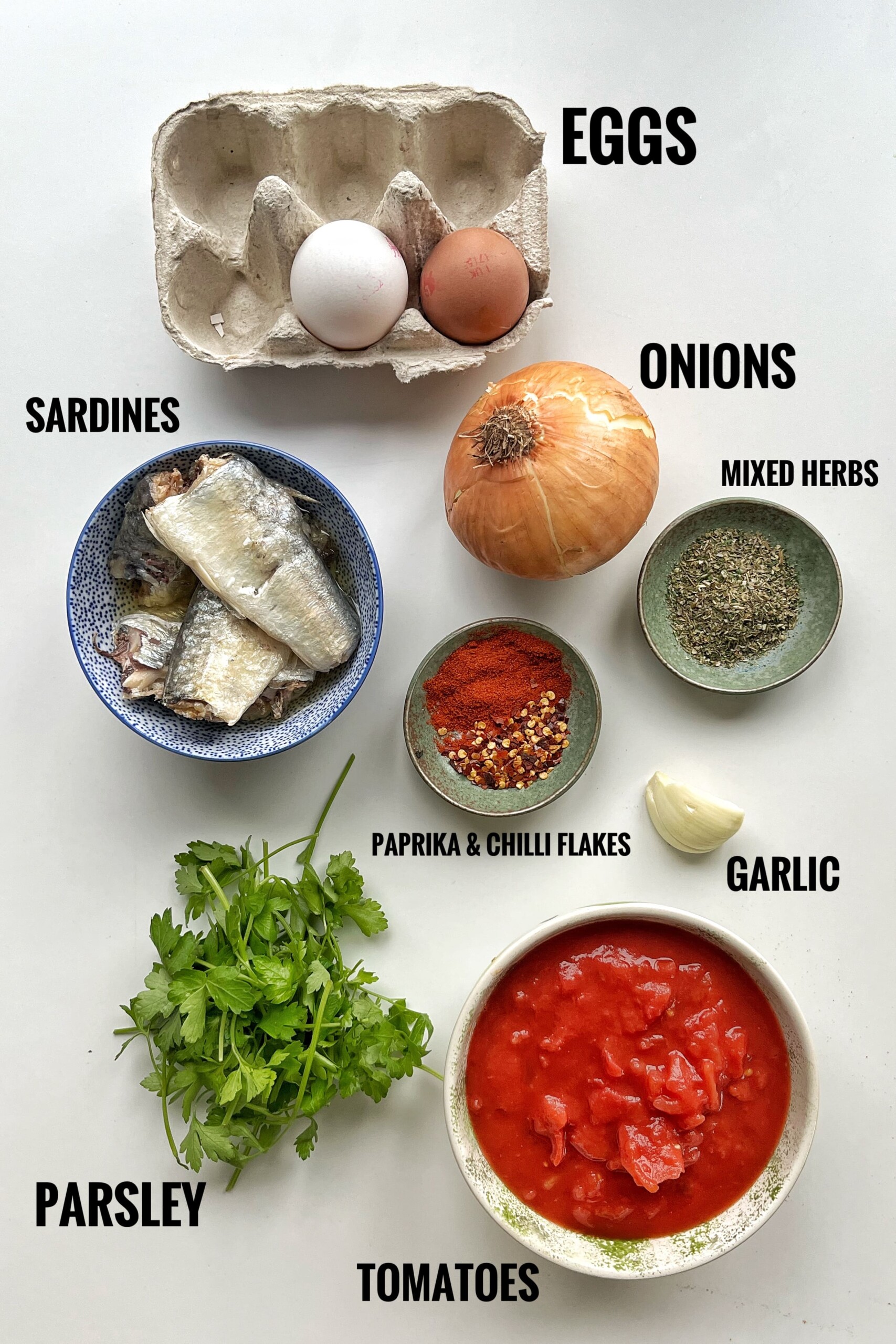 Ingredient list for sardines and eggs, it includes eggs, onions, sardines, spices, and, tomatoes.