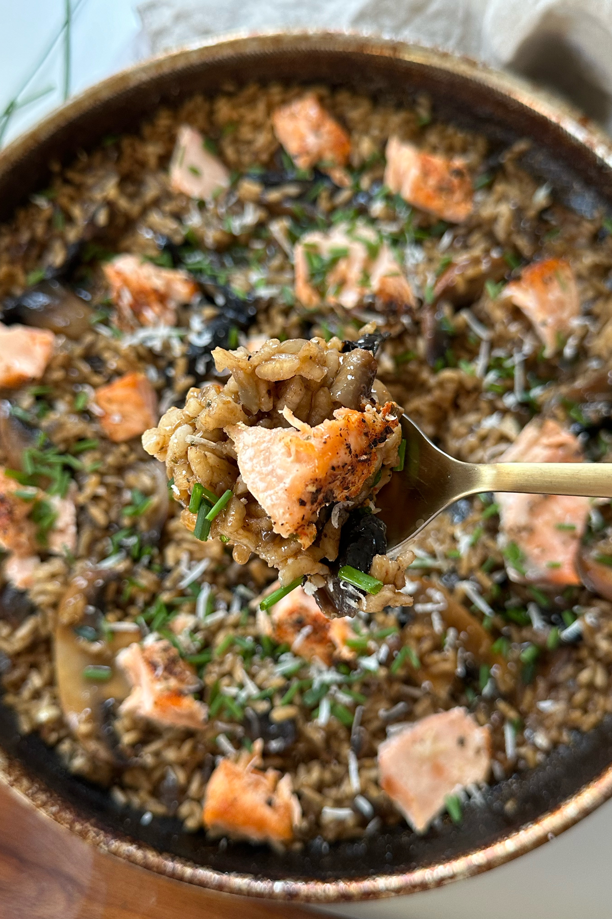 Close up of mushroom and salmon risotto. Spoon holding some of the risotto. 