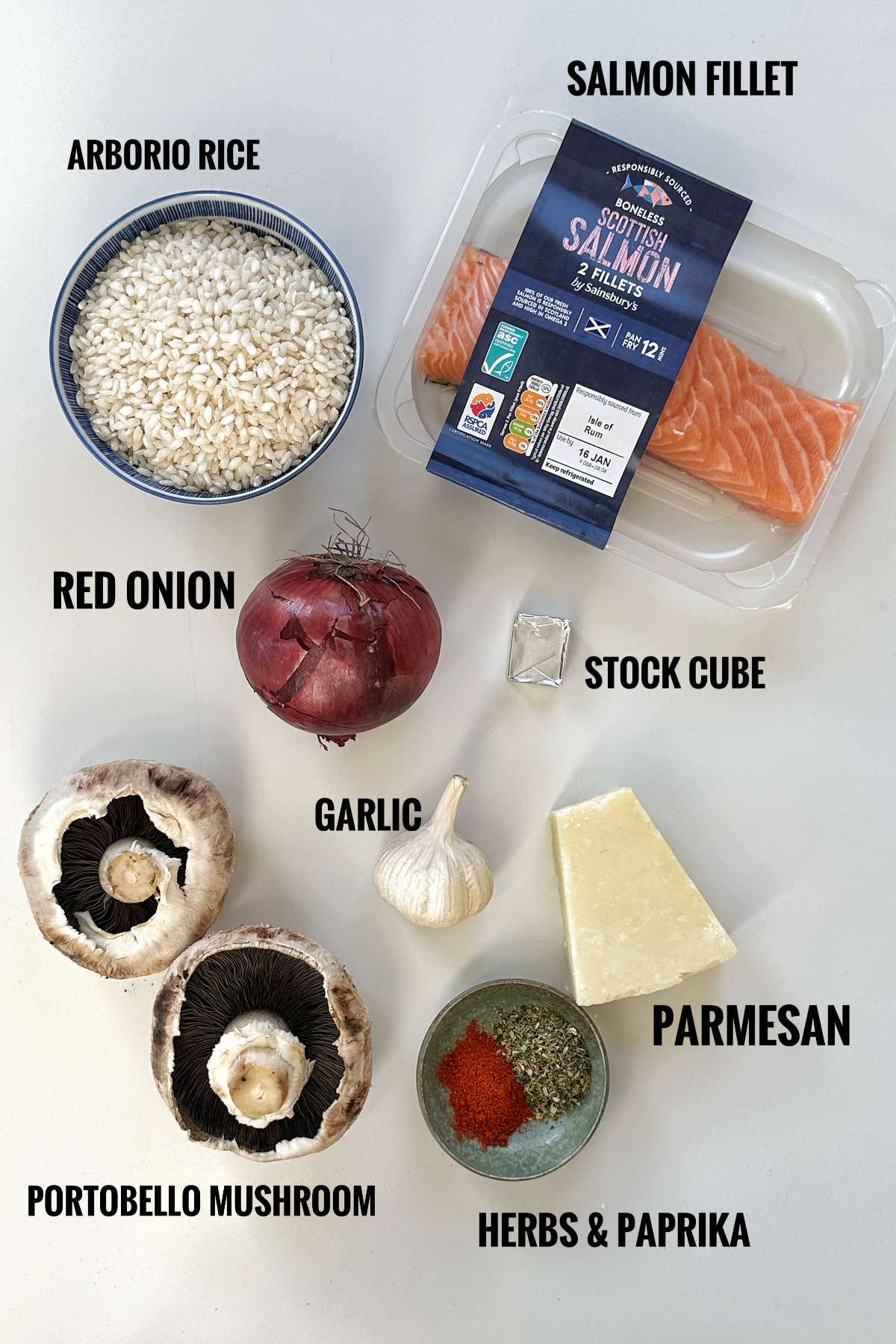 Ingredients list for salmon and mushroom risotto. 