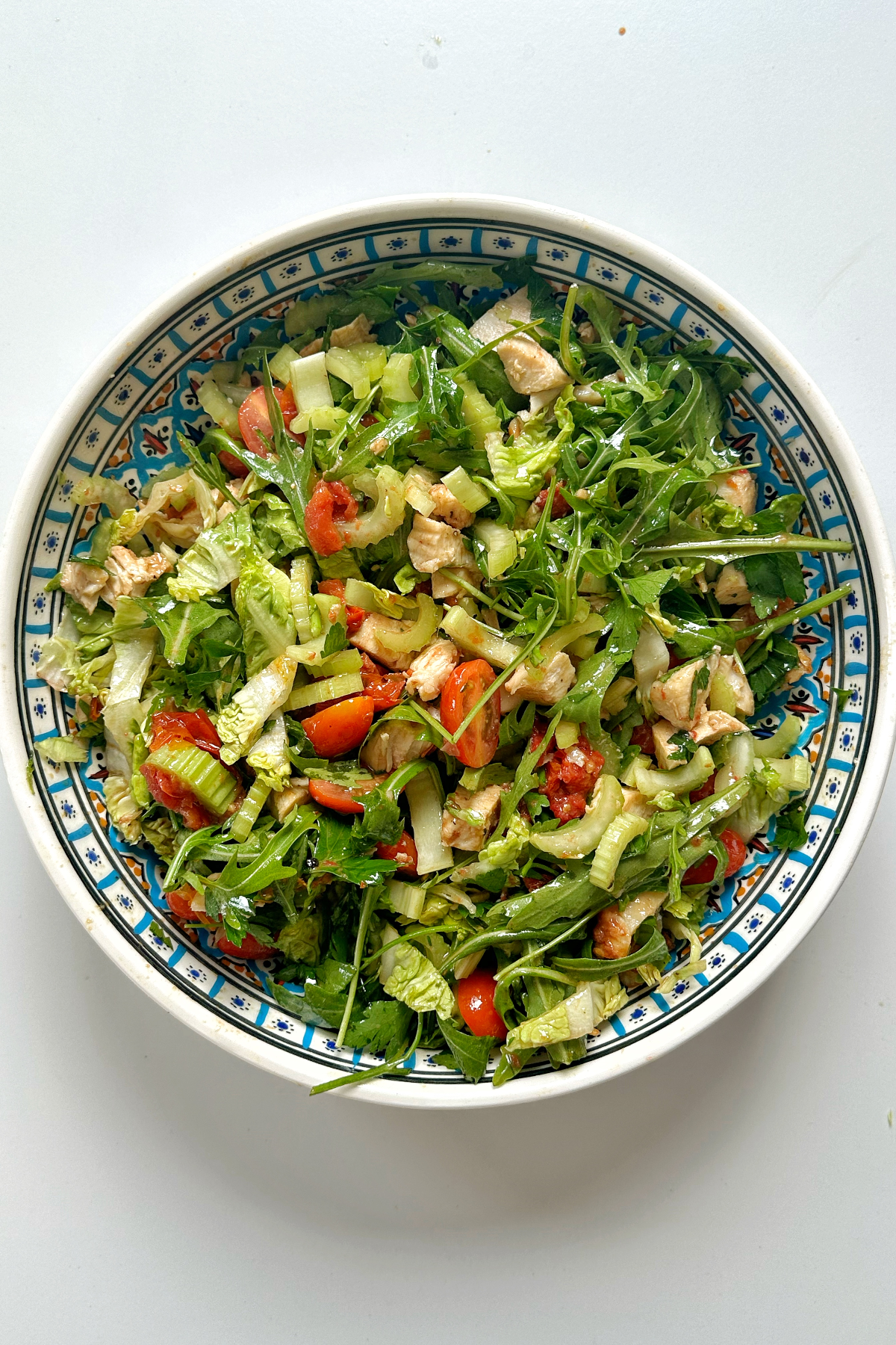 Chicken salad without mayo in a large bowl. 