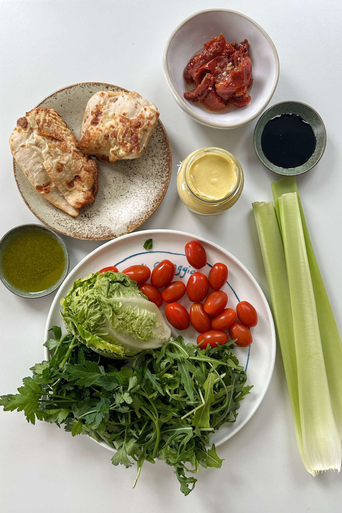 Ingredients for a chicken salad without mayonnaise.