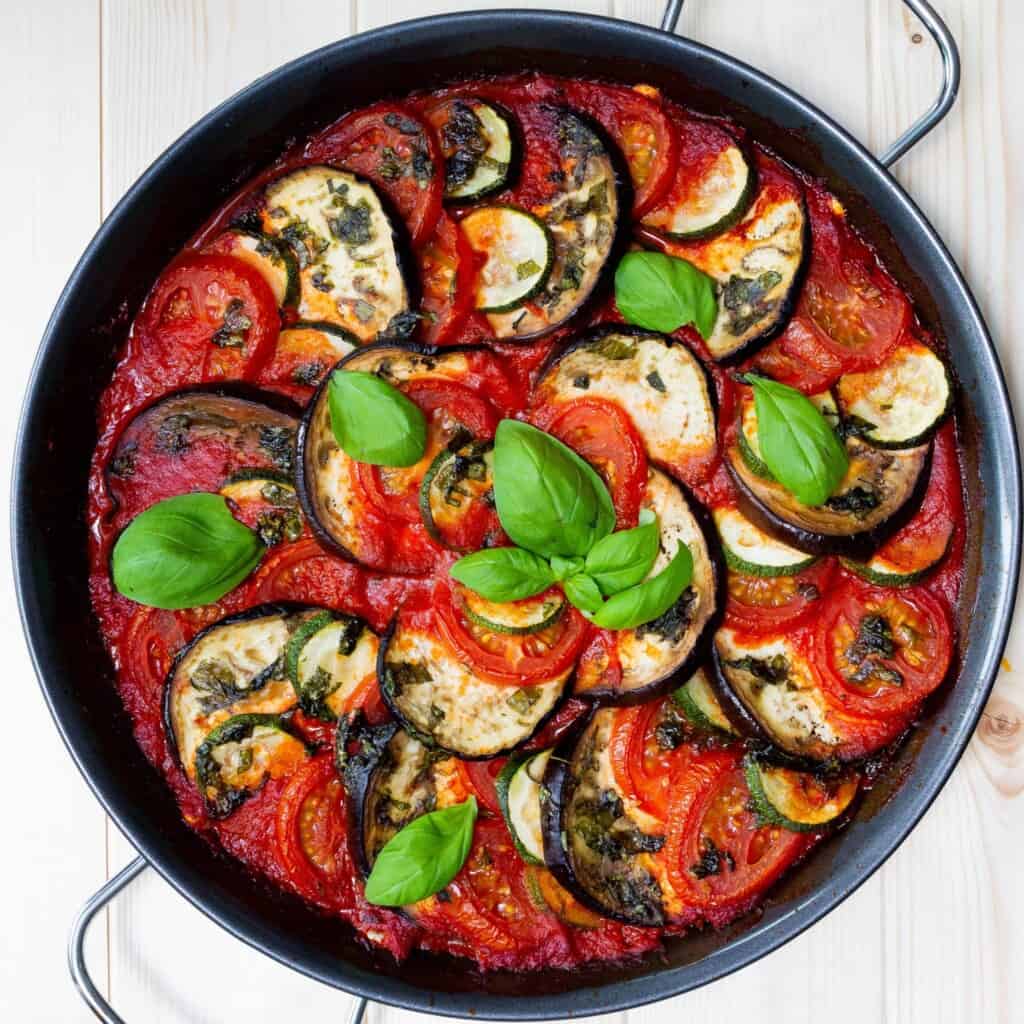 Ratatouille on a white surface.