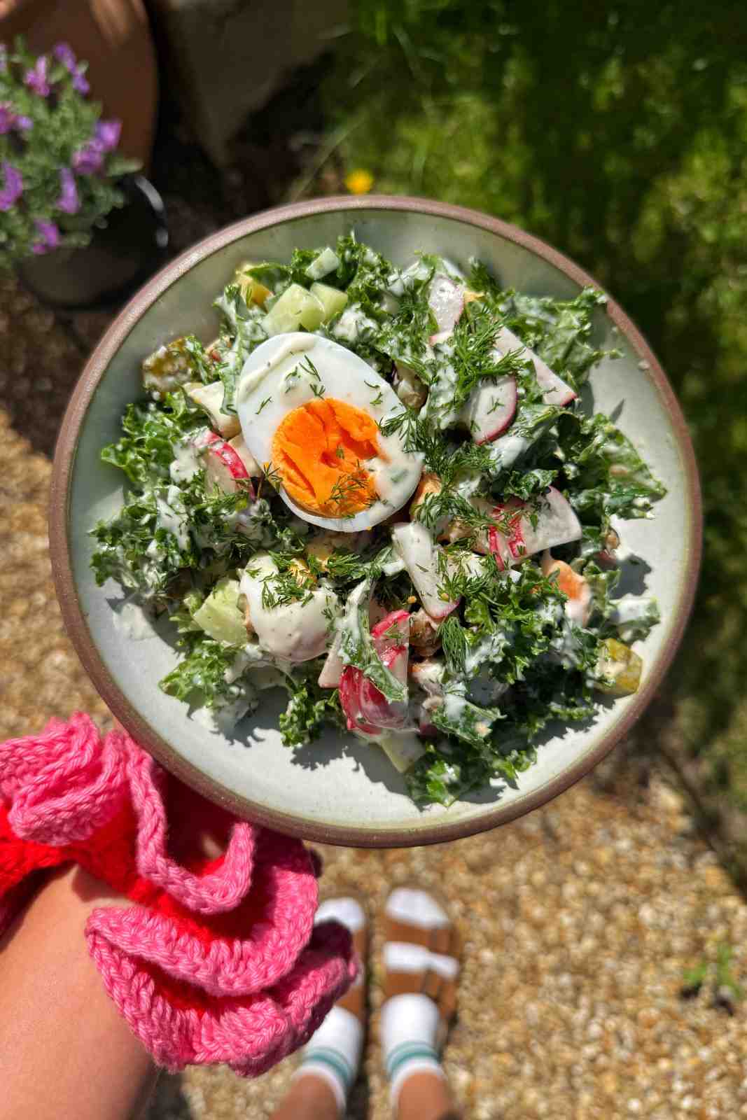 Bowl of chunky egg salad with fresh dill, radish, cucumber, and a halved boiled egg on top held outdoors in the sunshine