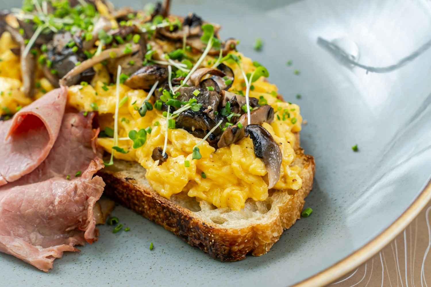 Soft scrambled eggs topped with sautéed mushrooms and microgreens on toasted bread