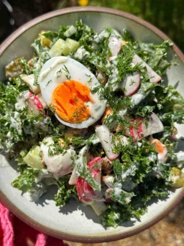 A bowl of fresh dill salad with kale, radish, cucumber, and a soft-boiled egg, topped with generous sprigs of fresh dill and a creamy dressing, held in hand on a sunny day outdoors.