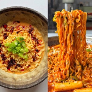left side image of a bowl of ramen and right side image is a noodle pull.