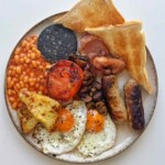 full English on a white plate.