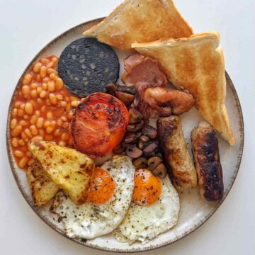 full English on a white plate.