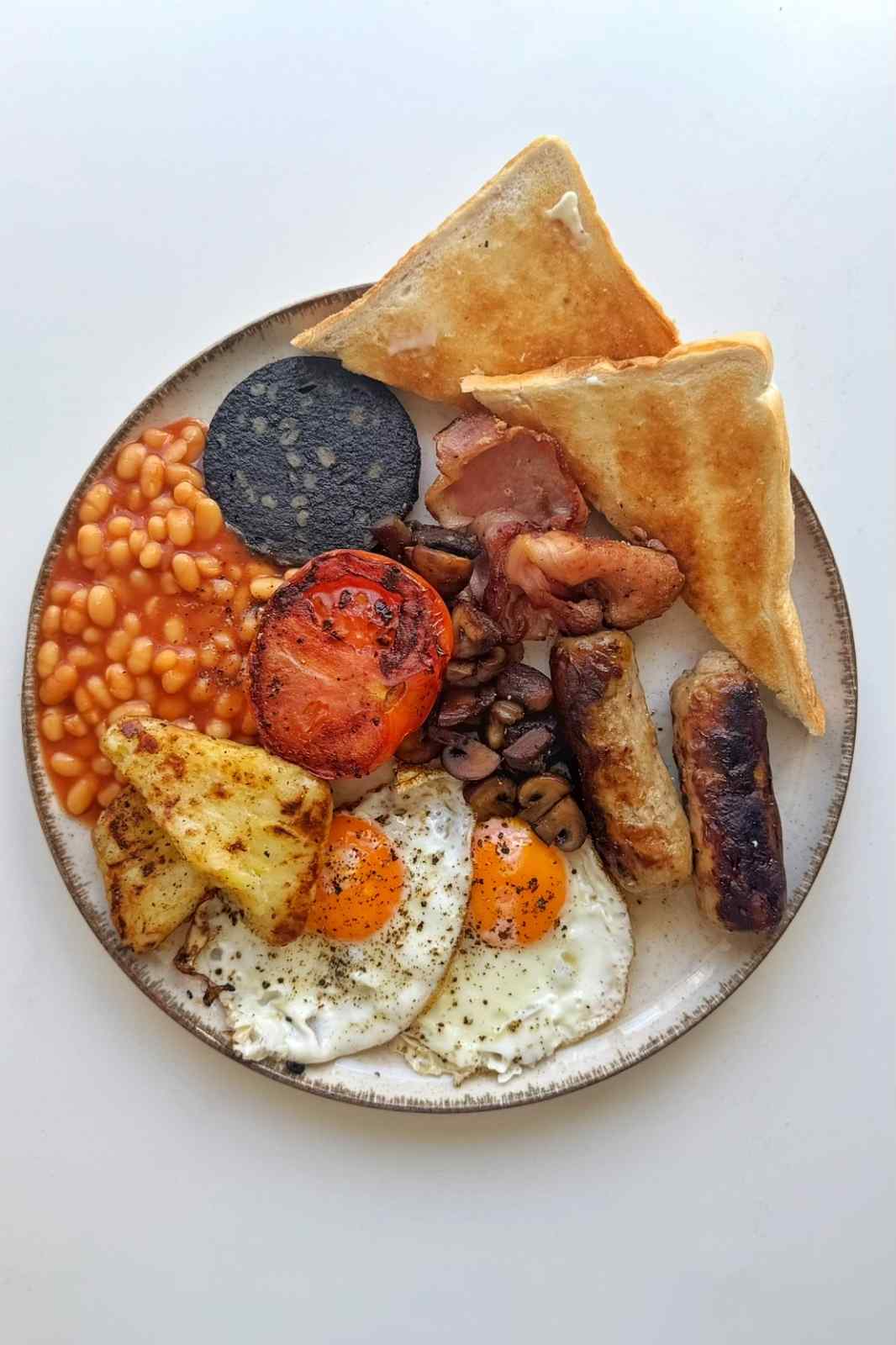 full English on a white plate.