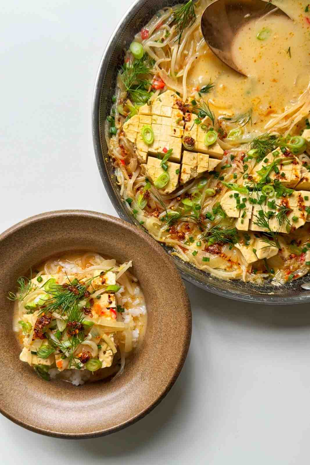 Spicy coconut tofu in a creamy coconut milk sauce with red chili, ginger, lime, beansprouts and fresh herbs, a Thai-inspired silken tofu recipe.