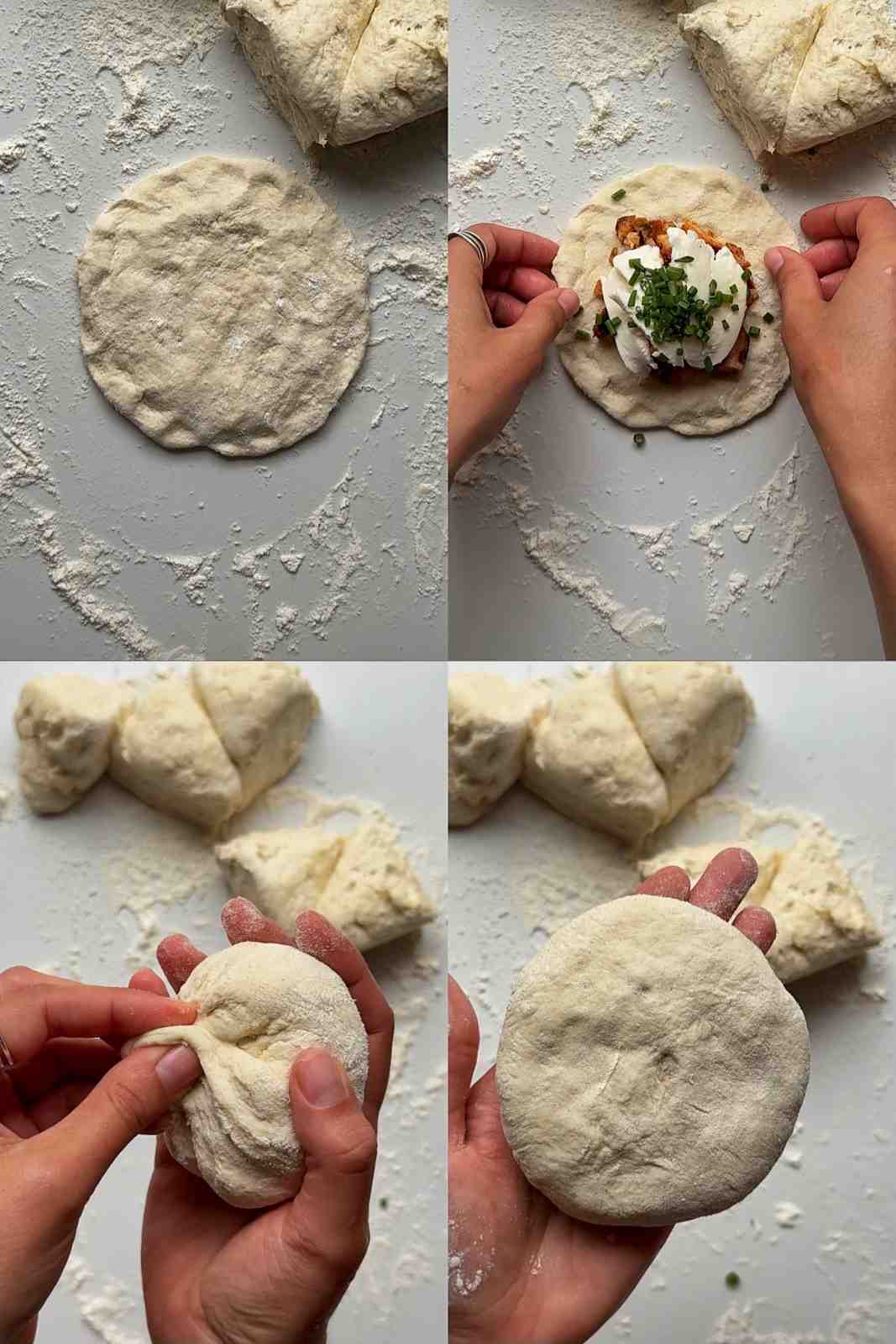 4 images of how to fold fire chicken flatbreads.