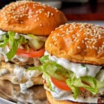 Close up of greek chicken burgers.