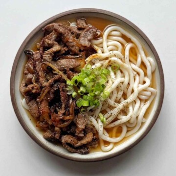 bowl of beef udon in broth topped with scallions