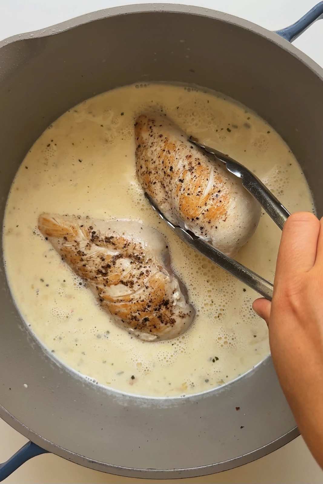 Placing chicken into a pot with creamy chicken caesar sauce.