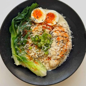 Chicken caesar ramen in a bowl.