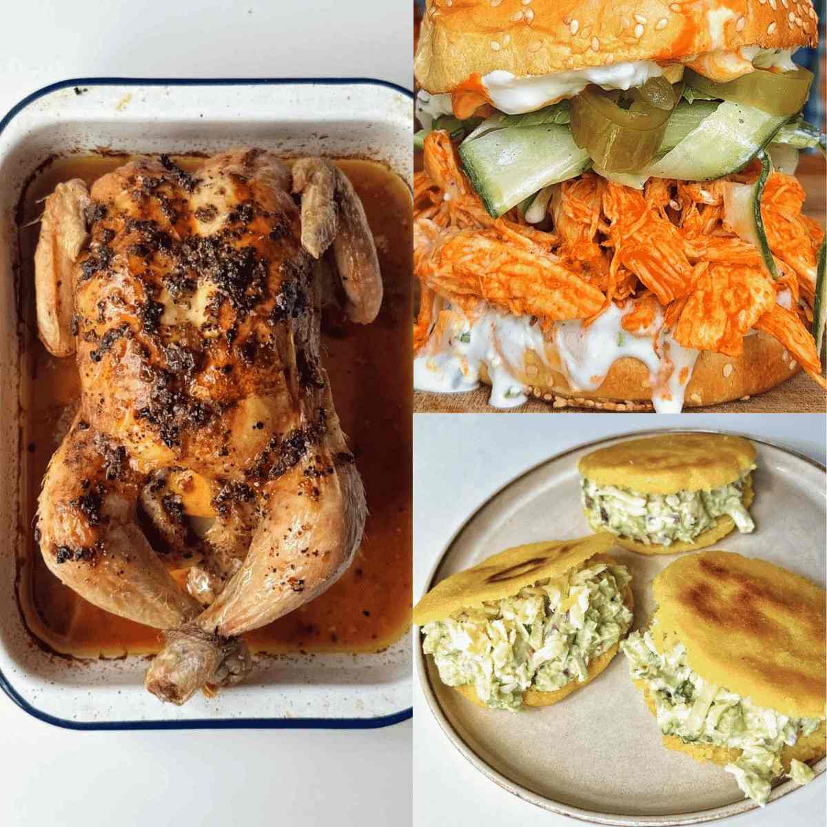Roast chicken in a tin beside a buffalo chicken sandwich and Venezuelan arepas filled with chicken and avocado.