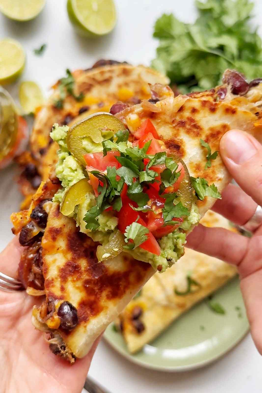 Pickled jalapeño slices on a crispy pan-fried black bean taco with guacamole, diced tomato and cilantro.