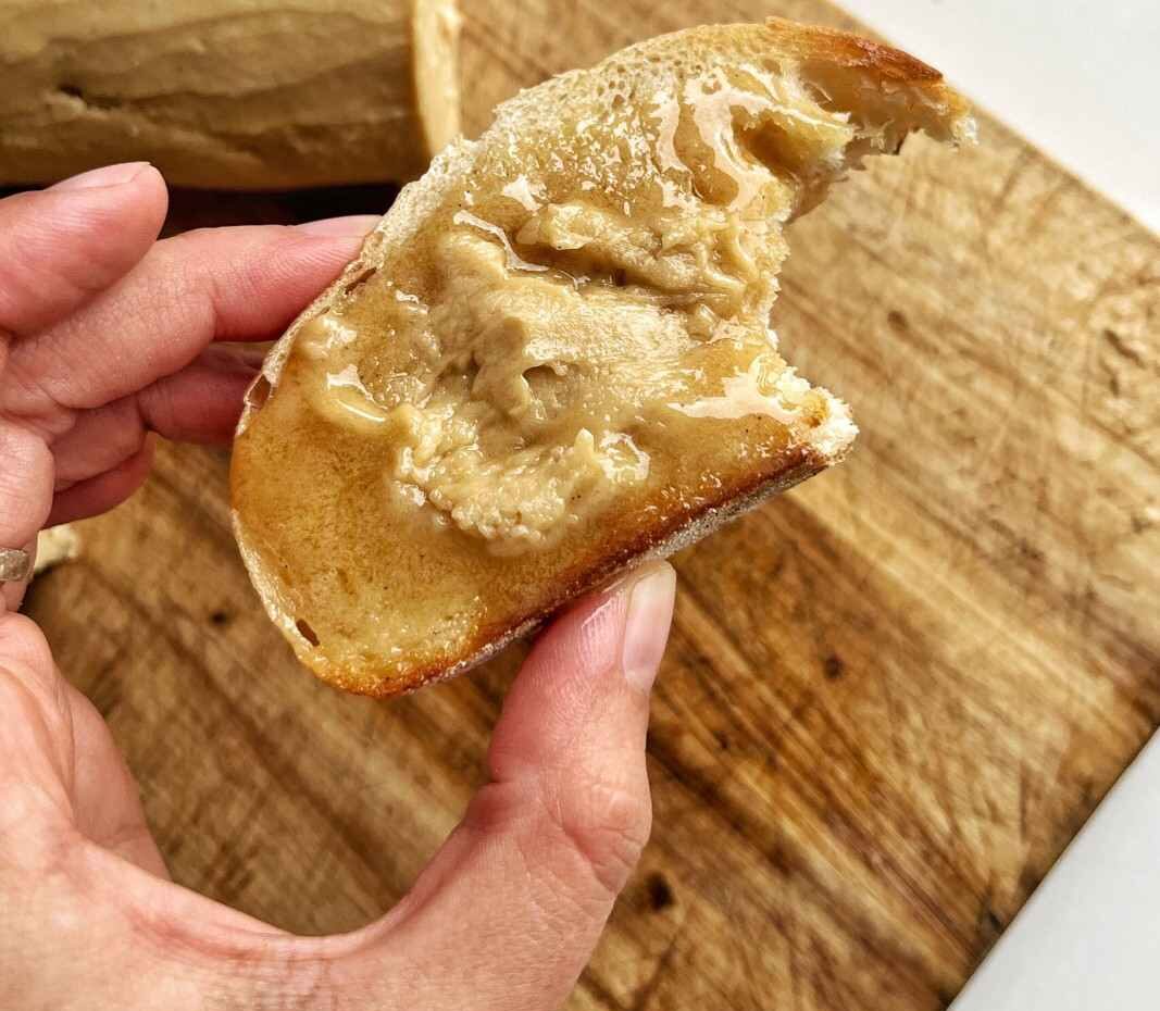 Espresso butter spread generously on hot toasted bread.