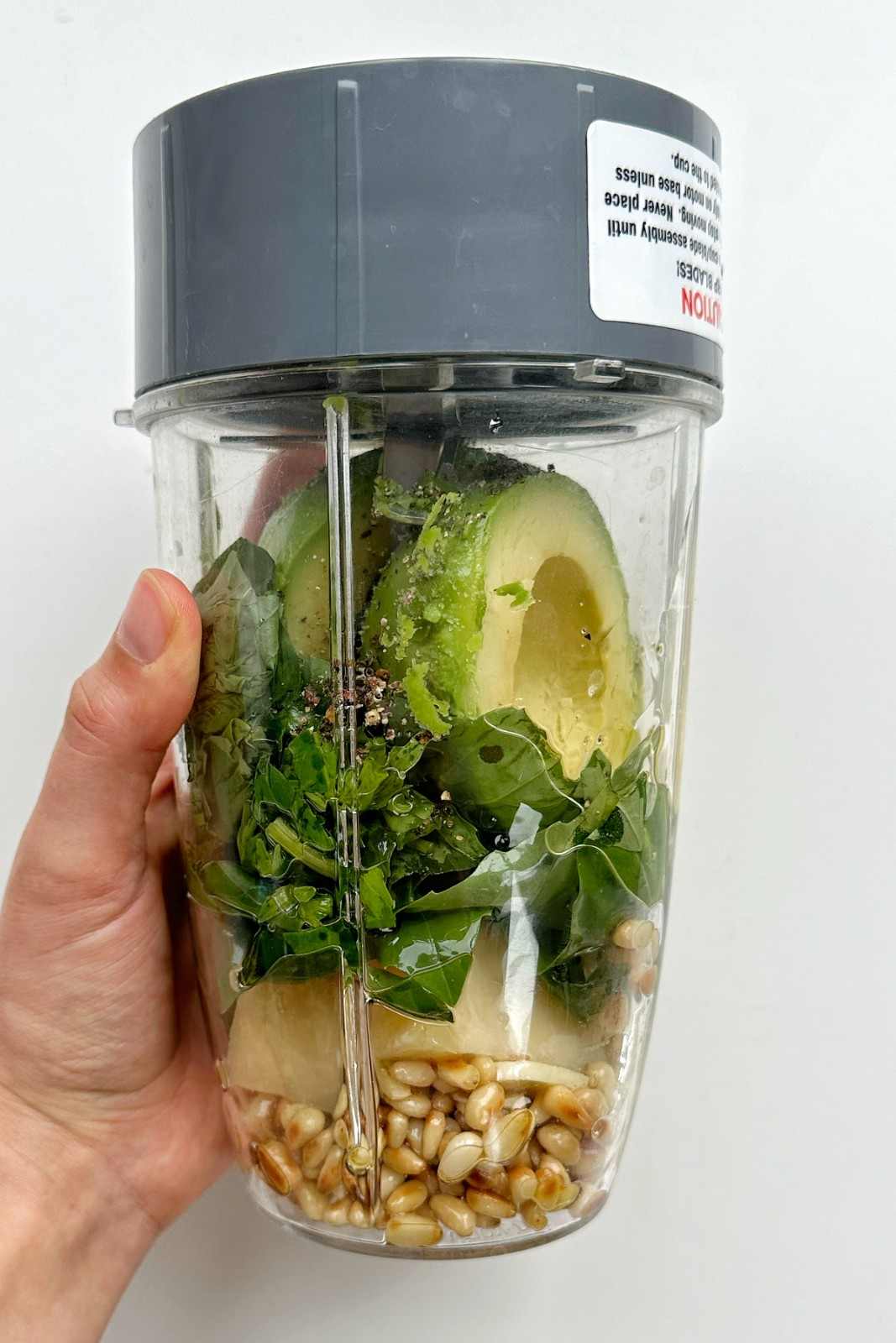 Emily holding a blender full of pine nuts, basil, garlic, parmesan, olive oil and avocado.

