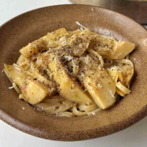 A bowl of chicken carciofi pasta topped with artichoke hearts, grated parmesan, dried oregano and black pepper.