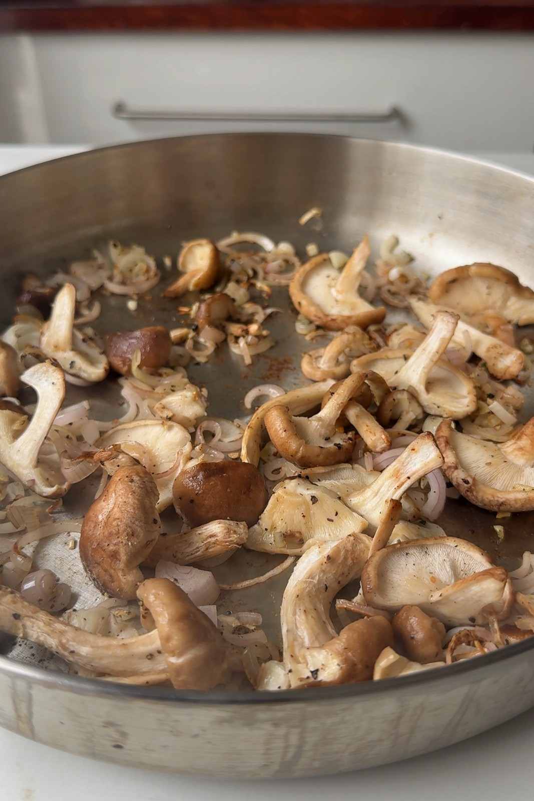 Torn mushrooms, shallots and garlic frying with black pepper and paprika in a stainless steel skillet.