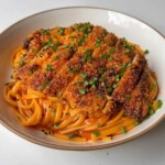 Korean fried chicken pasta in a white bowl, with a sliced golden panko chicken cutlet on creamy orange gochujang linguine, topped with chives and black sesame seeds.