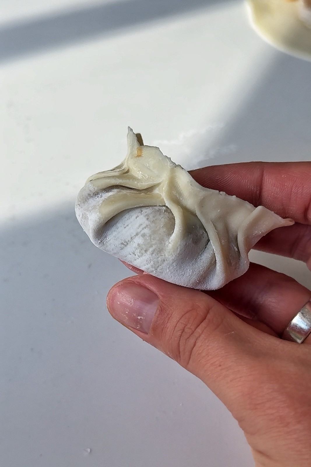 Emily holding an uncooked potsticker with several small pleats folded along the top edge.