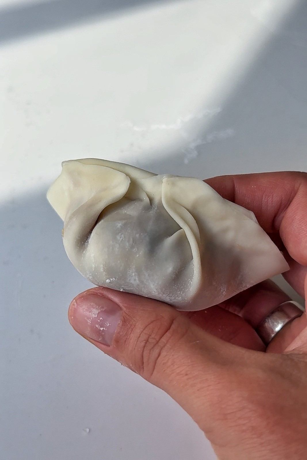 Emily holding an uncooked potsticker made with the easy fold, pinched in the center with one pleat on each side.