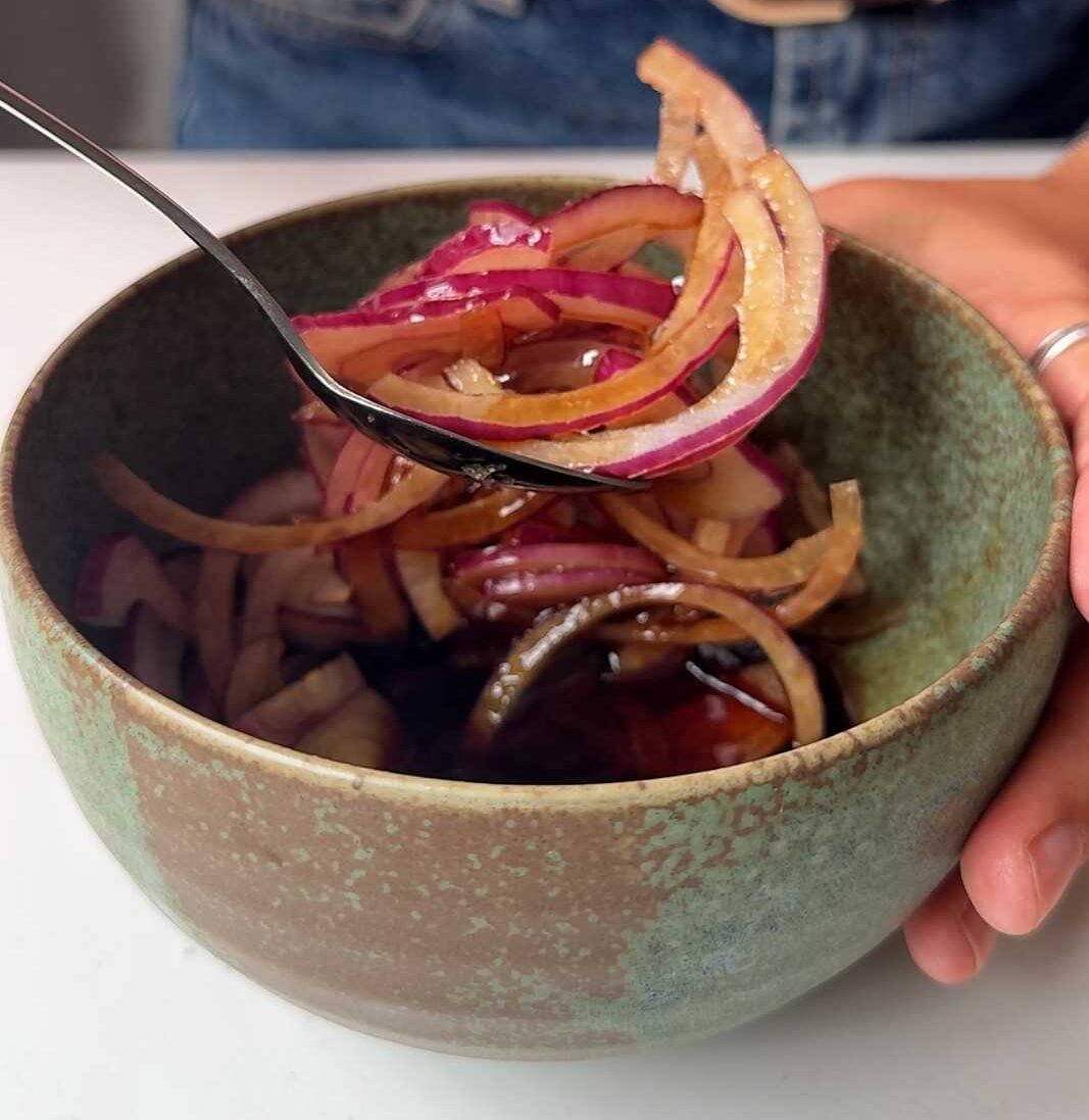 Emily Roz making pickled red onions.