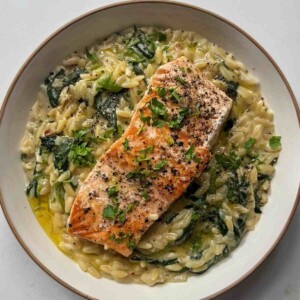 Overhead view of creamy Boursin salmon orzo in a white bowl, with a seared salmon fillet, wilted spinach and fresh parsley.