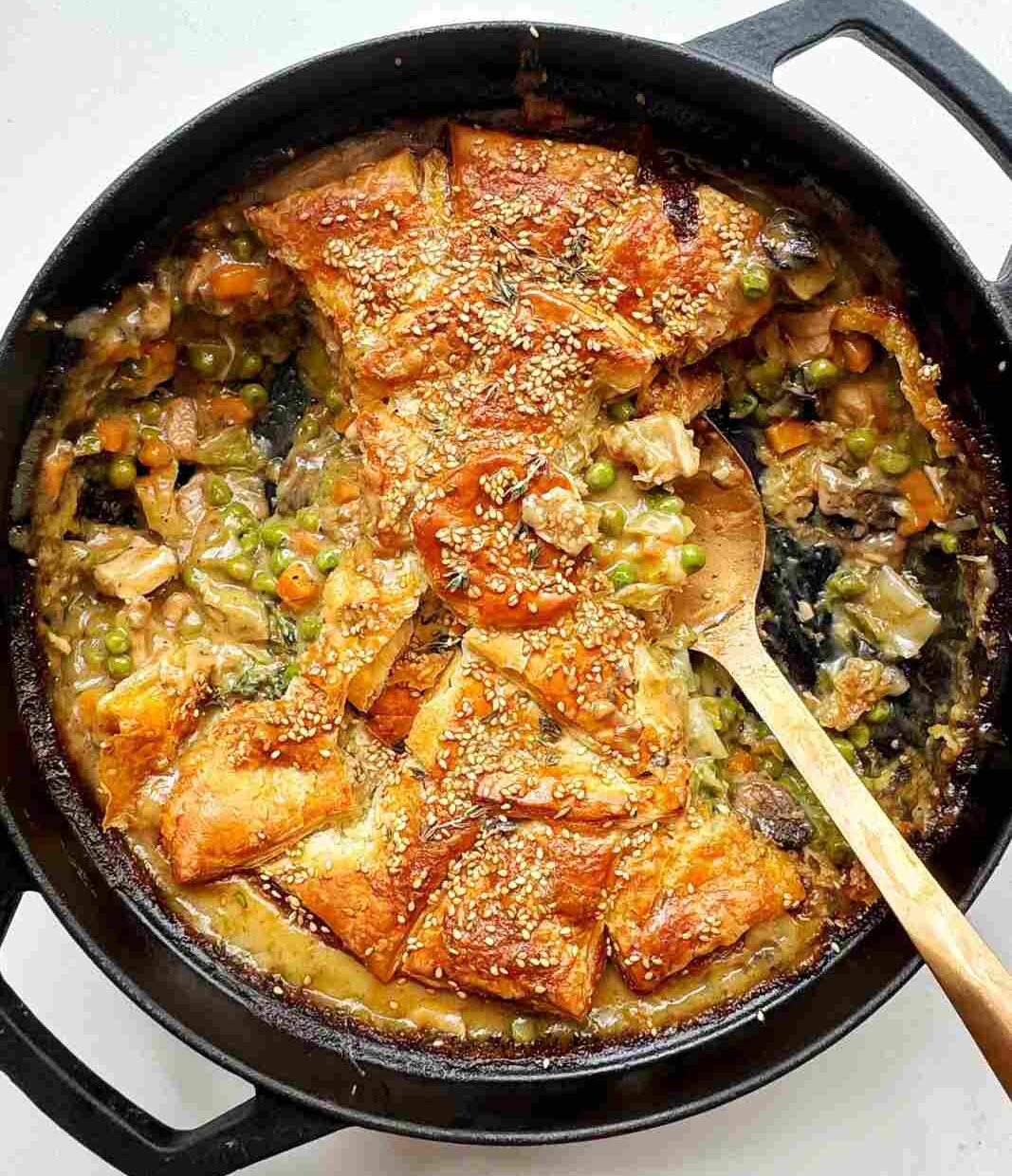 Easy Chicken Pot Pie with Cream of Chicken Soup recipe packed full of vegetables, chicken, and seasoned with paprika and oregano.