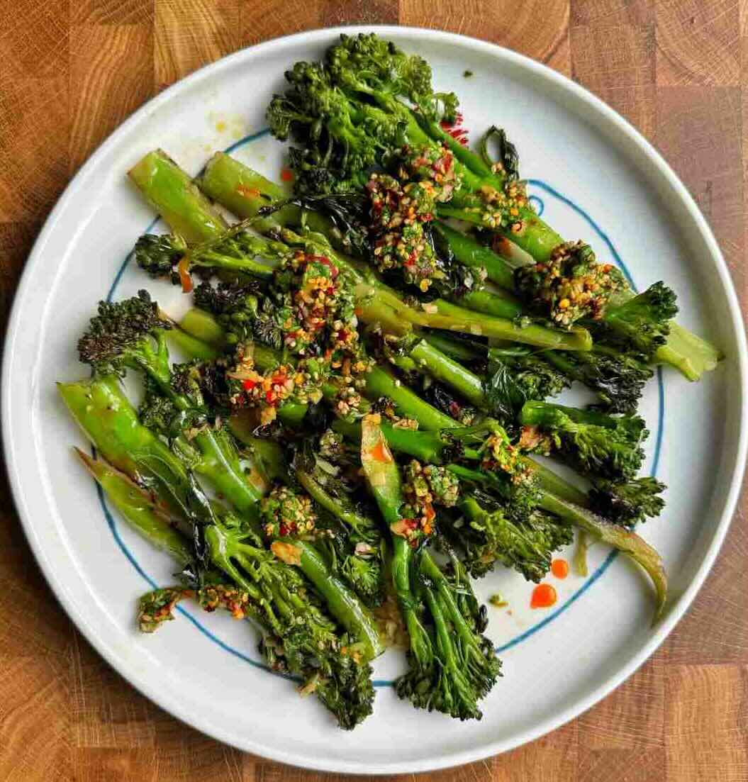 Stir-Fried Broccolini (Tenderstem Broccoli) topped with a Thai-inspired sauce.