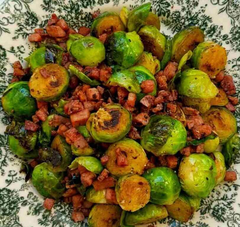Easy brussels sprouts and crispy bacon in a bowl.
